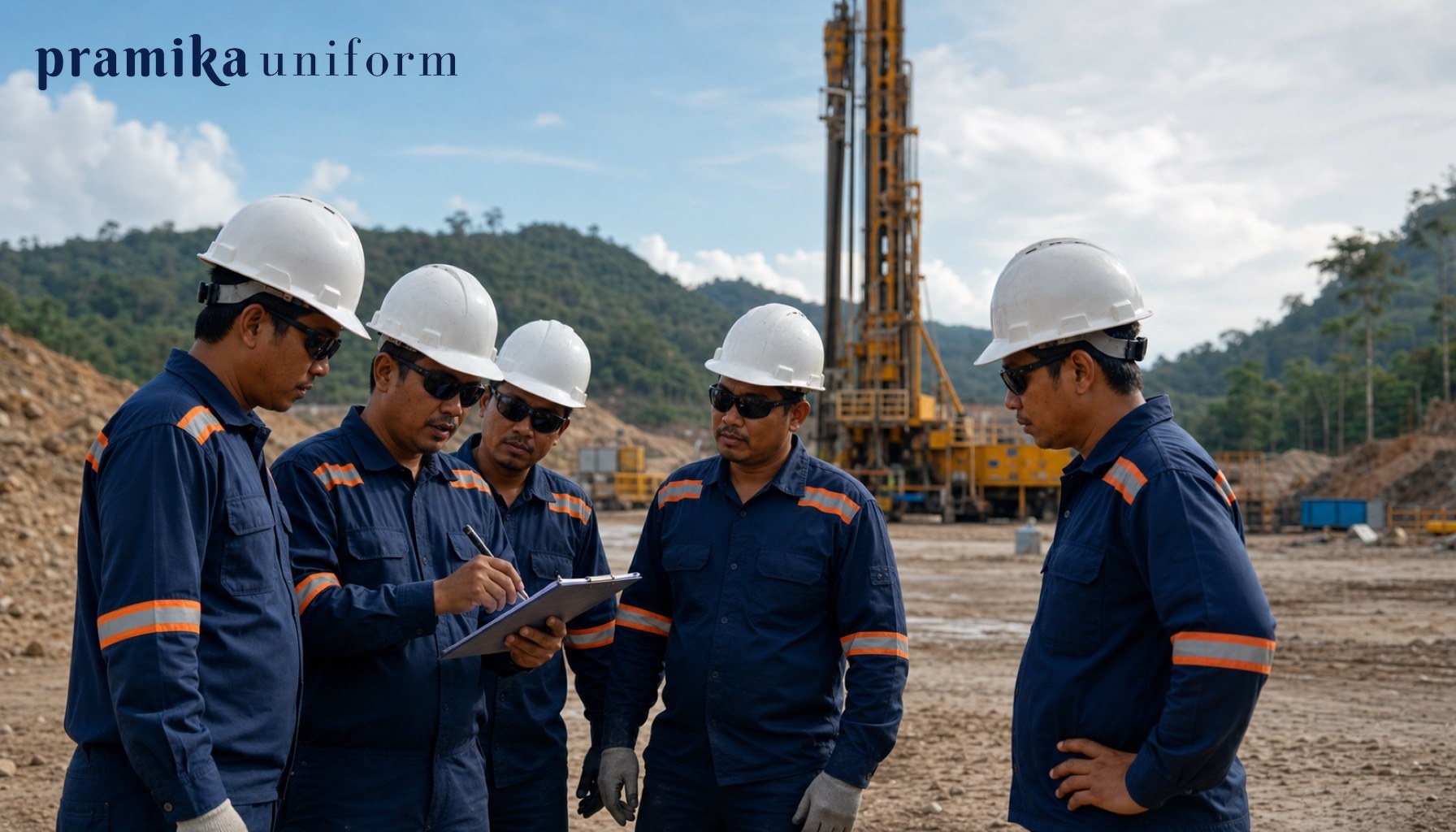 Tim pekerja industri Indonesia memakai wearpack navy reflektif