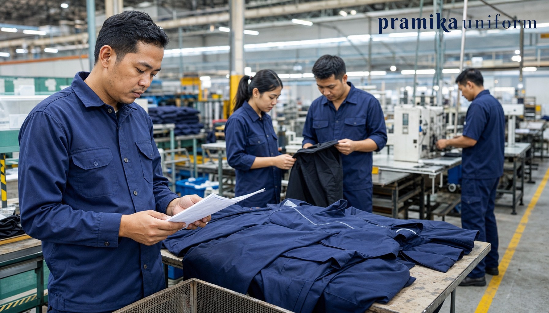 Tim pekerja industri Indonesia memakai wearpack navy dengan reflektif oranye di area produksi