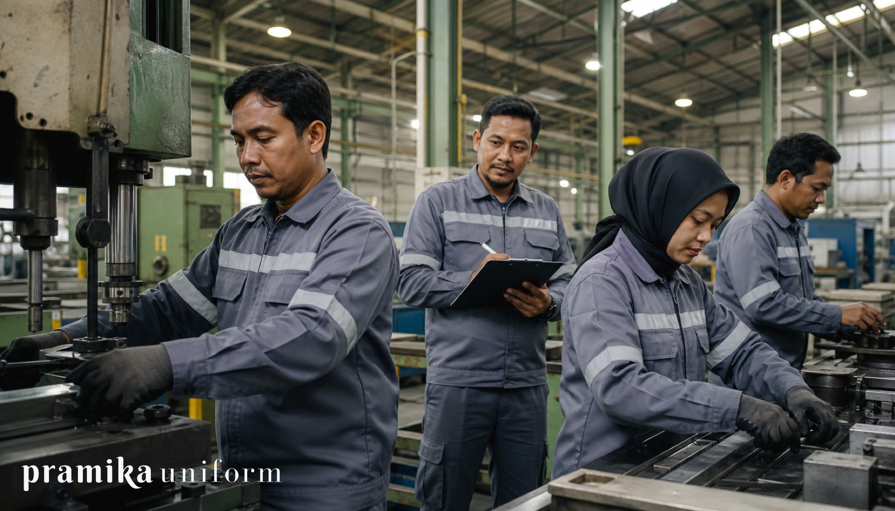 Tim pekerja Indonesia memakai wearpack navy dengan strip reflektif di area gudang industri