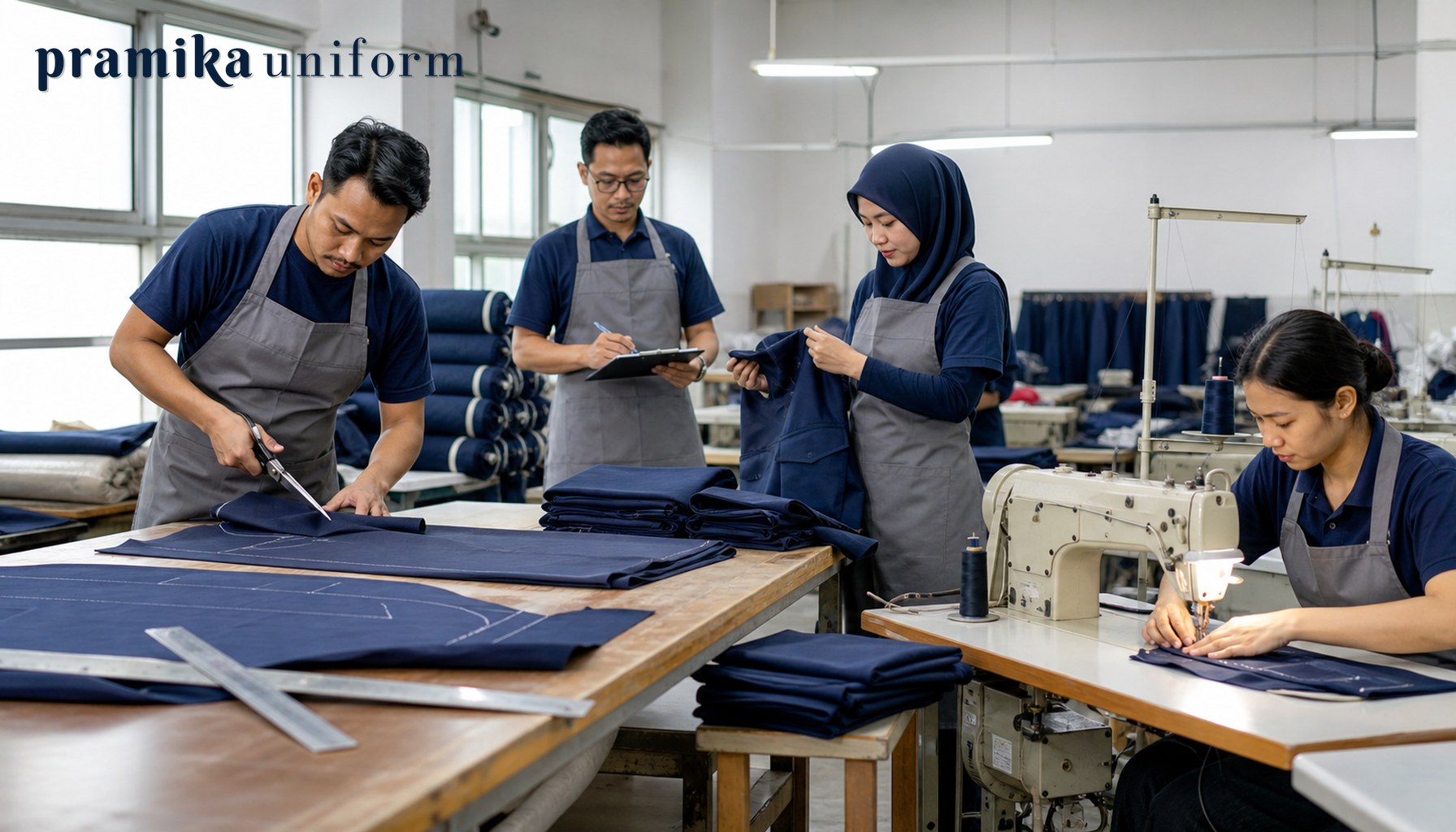 Tim produksi seragam Indonesia di workshop konveksi Jakarta sedang cutting, menjahit, dan memeriksa batch seragam