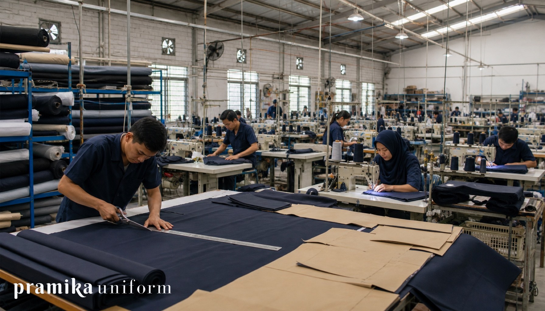 Tim produksi seragam di workshop konveksi Jakarta sedang memeriksa bahan dan jahitan