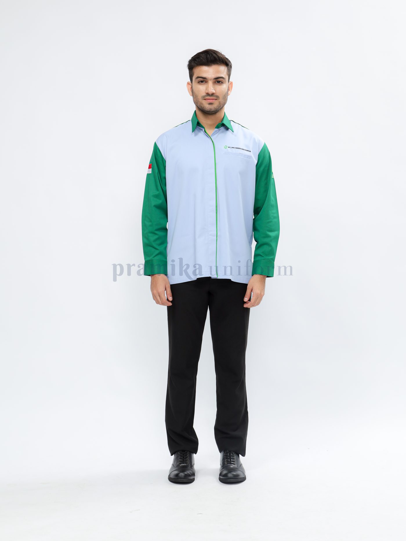 Kemeja PDH biru muda lengan hijau